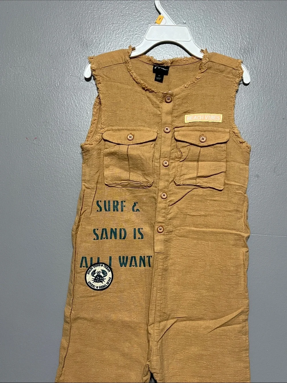 Art Class Sleeveless Fringe Linen Cotton Blend Romper Tan One Piece Boy’s 4T